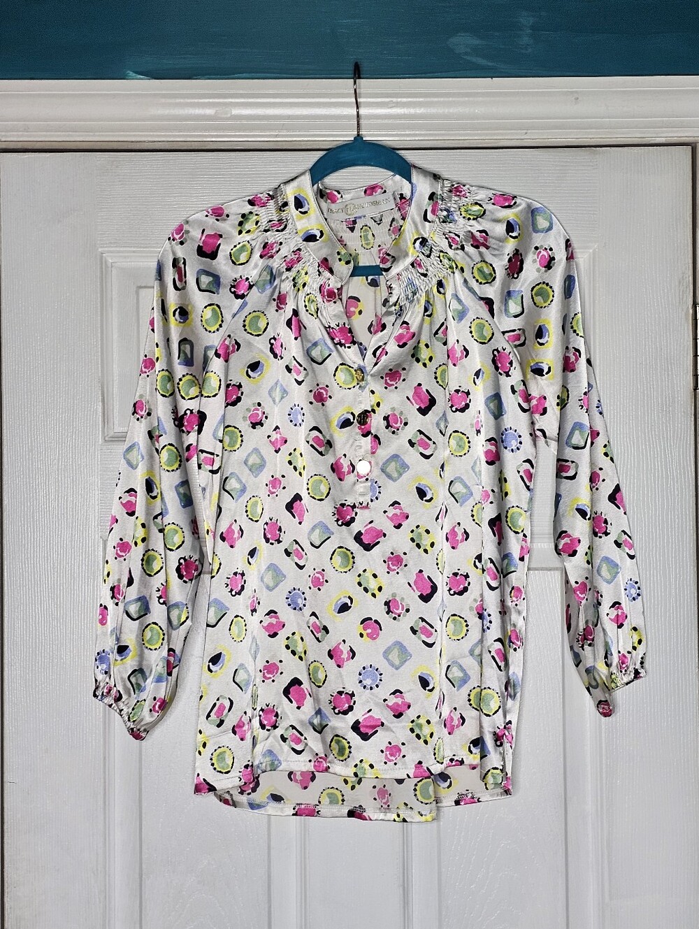 Women’s White Floral Geometric Print Blouse - Pink & Green
